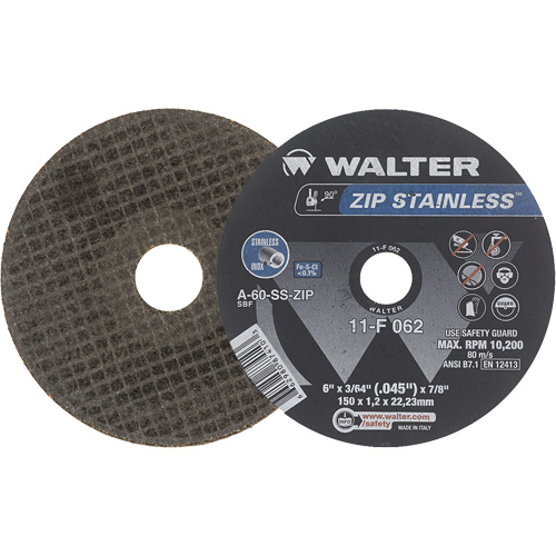 Walter Surface Technologies 11F062 Zip Stainless Right Angle Grinder Reinforced Cut-Off Wheels, 6" x 3/64", 7/8" Arbor, Type 1, Aluminum Oxide, 10200 RPM