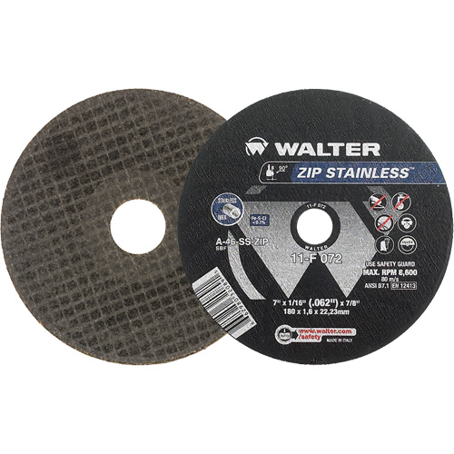 Walter Technologies Pour Surface 11F072 Meules &agrave; tronçonner renforc&eacute;es Zip en acier inoxydable pour scies circulaires, 7" x 1/16", Arbre de 7/8", Type 1, Oxyde d'aluminium, 8600 Tr/min