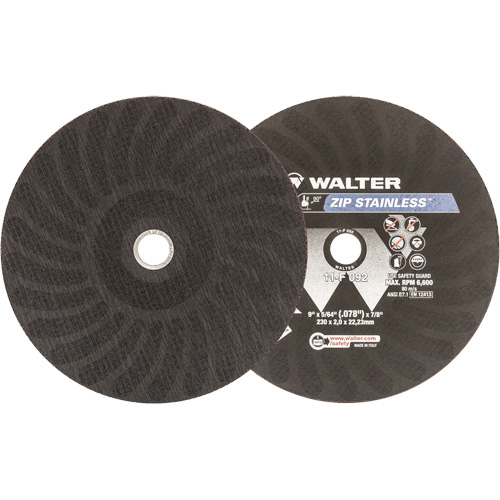 Walter Surface Technologies 11F092 Zip Stainless Right Angle Grinder Reinforced Cut-Off Wheels, 9" x 5/64", 7/8" Arbor, Type 1, Aluminum Oxide, 6800 RPM