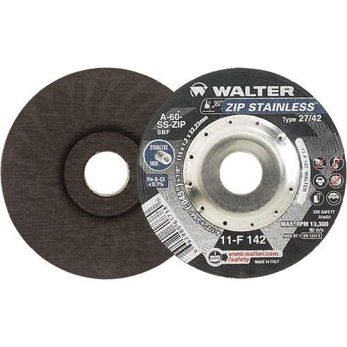 Walter Surface Technologies 11F142 Zip Stainless Right Angle Grinder Reinforced Cut-Off Wheels, 4-1/2" x 3/64", 7/8" Arbor, Type 27, Aluminum Oxide, 13300 RPM