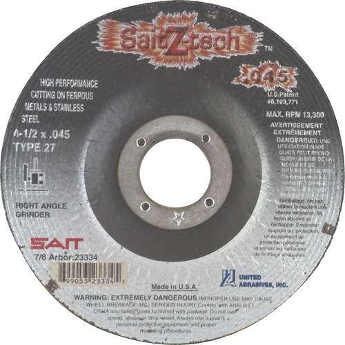 United Abrasives Inc. 23334 Disque de coupe Z-Tech, 4-1/2" x 0,045", Arbre de 7/8", Type 27, Zirconium, 13 300 Tr/min