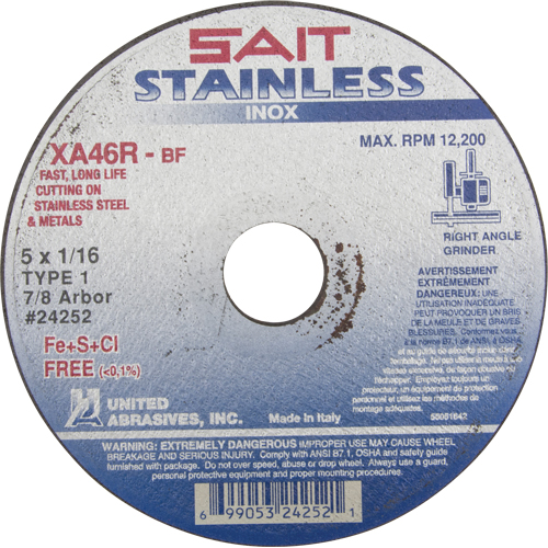 United Abrasives Inc. 24252 Cut-Off Wheel Contaminant-Free ZA46R, 15" x 1/16", 7/8" Arbor, Type 1, Aluminum Oxide, 12200 RPM