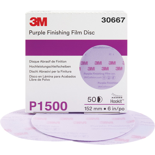 3M 30667 Hookit Purple Finishing Film Abrasive Disc, 6" Dia., P1500 Grit, Aluminum Oxide