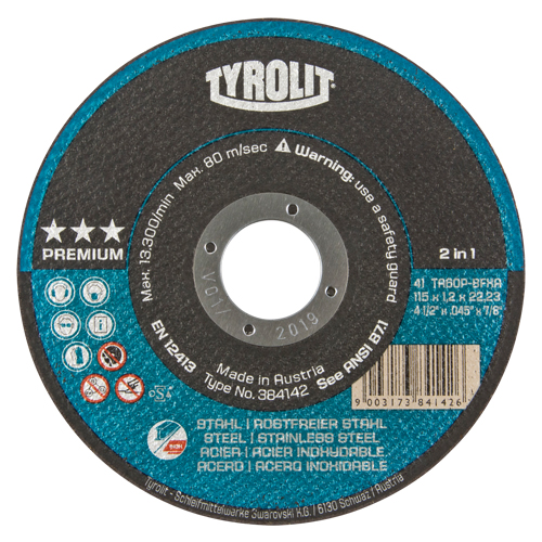 Tyrolit 384142 Premium 2 In 1 Thincut Cut-Off Wheel, 4-1/2" x 0.045", 7/8" Arbor, Type 1, Aluminum Oxide, 13300 RPM