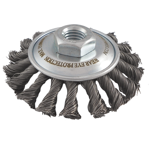 Felton Brushes S504 Knotted Wire Wheel Saucer Brushes, 5" Dia., 0.02" Fill, 5/8"-11 Arbor, Steel