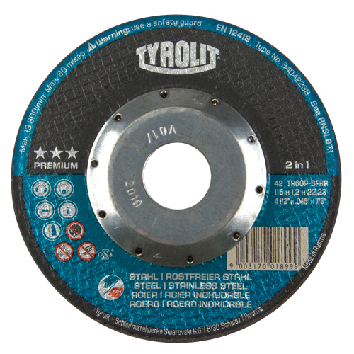 Tyrolit 34042238 Premium 2 In 1 Thincut Cut-Off Wheel, 4-1/2" x 0.045", 7/8" Arbor, Type 27, Aluminum Oxide, 13300 RPM