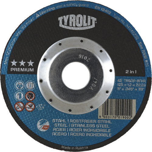 Tyrolit 34042239 Premium 2 in 1 Thincut Cut-Off Wheel, 5" x 0.045", 7/8" Arbor, Type 27, Aluminum Oxide, 12250 RPM