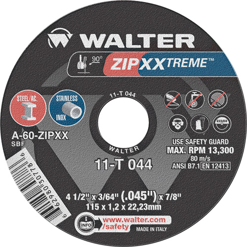 Walter Technologies Pour Surface 11T044 Meule &agrave; tronçonner ZIP XXTREME, 4-1/2" x 3/64", Arbre de 7/8", Type 1, Oxyde d'aluminium, 13 300 Tr/min