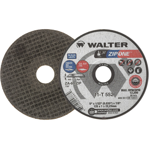 Walter Surface Technologies 11T652 ZIP ONE Cutting Wheel, 5" x 1/32", 7/8" Arbor, Type 27, Zirconia Alumina, 12200 RPM