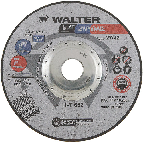 Walter Surface Technologies 11T662 ZIP ONE Cutting Wheel, 6" x 1/32", 7/8" Arbor, Type 27, Zirconia Alumina, 10200 RPM