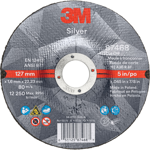 3M AB87468 Meule &agrave; tronçonner Silver, 5" x 0,045", Arbre de 7/8", Type 27, C&eacute;ramique, 12250 Tr/min