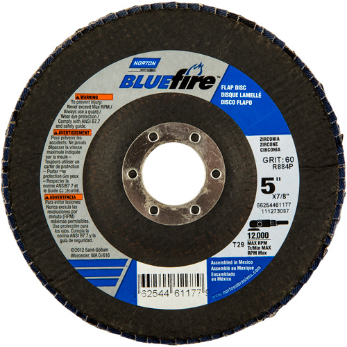 Norton 66254461174 BlueFire Flap Disc, 5" x 7/8", Type 29, 36 Grit, Zirconia Alumina