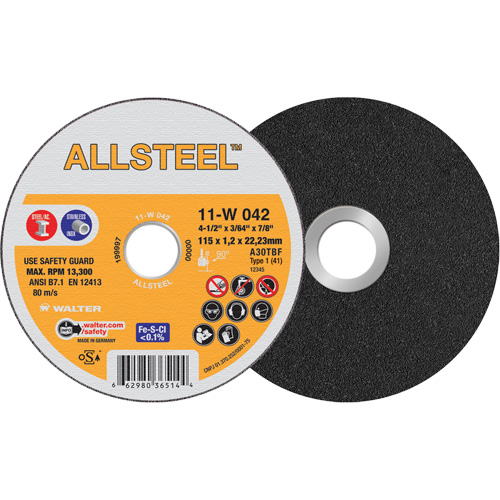 Walter Technologies Pour Surface 11W042 Meule &agrave; tronçonner ALLSTEEL, 4-1/2" x 3/64", Arbre de 7/8", Type 1, Oxyde d'aluminium, 13 300 Tr/min