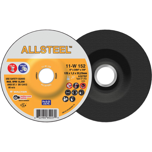 Walter Technologies Pour Surface 11W152 Meule &agrave; tronçonner ALLSTEEL, 5" x 3/64", Arbre de 7/8", Type 27, Oxyde d'aluminium, 12250 Tr/min