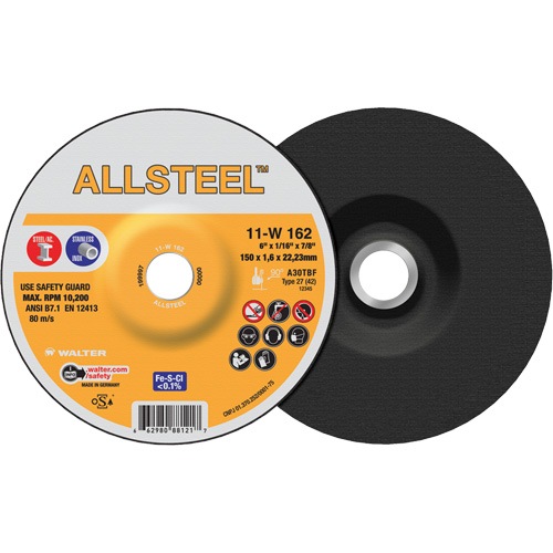 Walter Technologies Pour Surface 11W162 Meule &agrave; tronçonner ALLSTEEL, 6" x 1/16", Arbre de 7/8", Type 27, Oxyde d'aluminium, 10 200 Tr/min