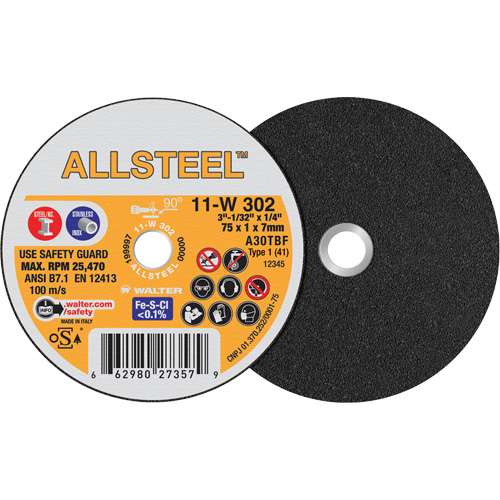 Walter Technologies Pour Surface 11W302 Mini meule &agrave; tronçonner AllSteel, 3" x 1/32", Arbre de 1/4", Type 1, Oxyde d'aluminium, 25470 Tr/min
