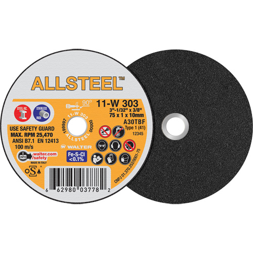 Walter Surface Technologies 11W303 ALLSTEEL Mini Cut-Off Wheel, 3" x 1/32", 3/8" Arbor, Type 1, Aluminum Oxide, 25470 RPM