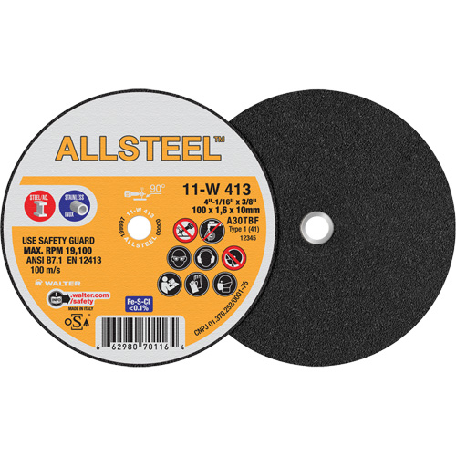 Walter Technologies Pour Surface 11W413 Mini meule &agrave; tronçonner ALLSTEEL, 4" x 1/16", Arbre de 3/8", Type 1, Oxyde d'aluminium, 19100 Tr/min