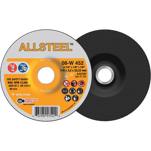 Walter Surface Technologies 08W452 AllSteel Grinding Wheel, 4-1/2" x 1/8", 7/8" Arbor, Aluminum Oxide, Type 27