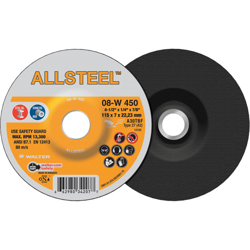 Allsteel 08W450 Meule AllSteel, 4-1/2" x 1/4", Arbre 7/8", Oxyde d'aluminium, Type 27