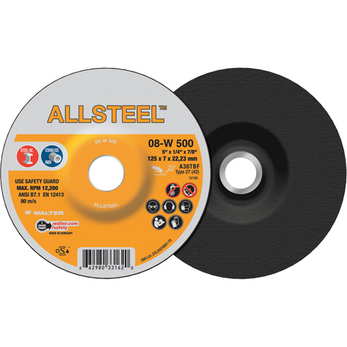 Allsteel 08W500 Meule AllSteel, 5" x 1/4", Arbre 7/8", Oxyde d'aluminium, Type 27