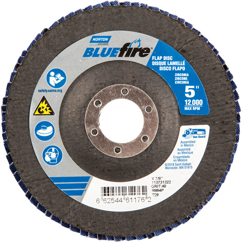 Norton 66254461176 Bluefire Flap Disc, 5" x 7/8", Type 29, 40 Grit, Zirconia Alumina