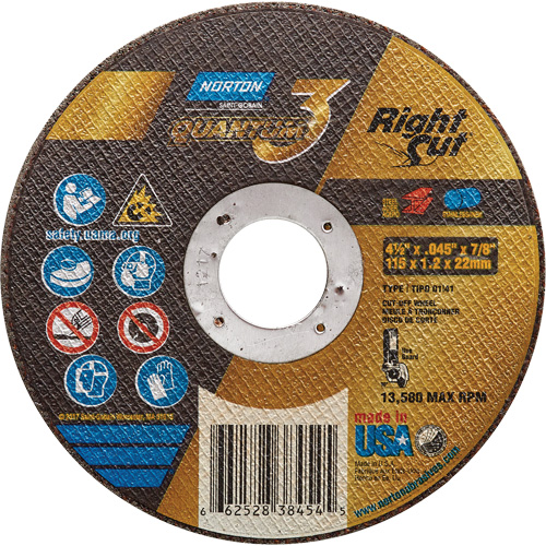 Norton 66252838454 Meule &agrave; tronçonner Quantum3 RightCut, 4-1/2" x 0,045", Arbre de 7/8", Type 1, Oxyde d'aluminium/C&eacute;ramique, 13580 Tr/min