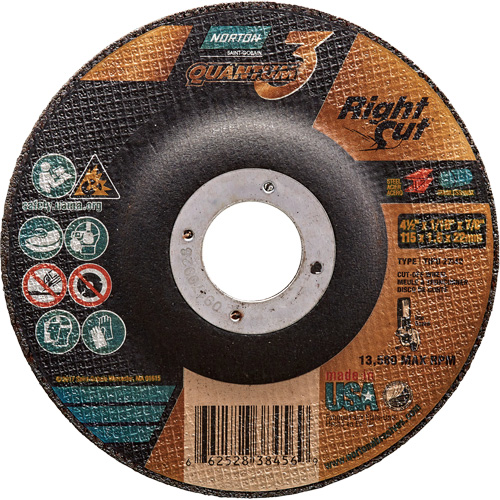 Norton 66252838456 Meule &agrave; tronçonner Quantum3 RightCut, 4-1/2" x 1/16", Arbre de 7/8", Type 27, C&eacute;ramique d'alumine, 13580 Tr/min