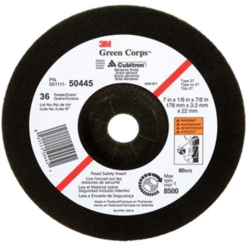 3M AB50445 Meule &agrave; moyeu d&eacute;port&eacute; Green Corps, 7" x 1/8", Arbre 7/8", C&eacute;ramique, Type 27