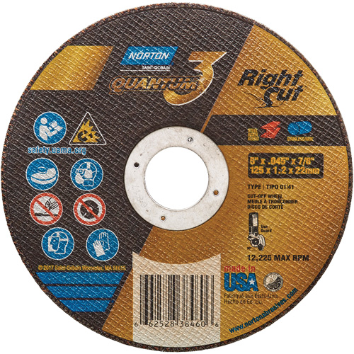 Norton 66252838460 Quantum3 RightCut Cut-Off Wheel, 5" x 0.045", 7/8" Arbor, Type 01/41, Ceramic Alumina, 12225 RPM