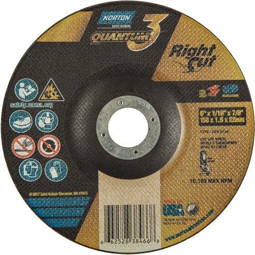 Norton 66252838466 Quantum3 RightCut Cut-Off Wheel, 6" x 1/16", 7/8" Arbor, Type 27/42, Aluminum Oxide, 10185 RPM