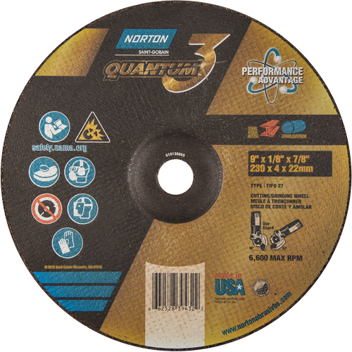 Norton 66252839432 Disque de rectification et de tronçonnage Quantum3, 9" x 1/8", Arbre de 7/8", Type 27, Grain de 24, C&eacute;ramique d'alumine