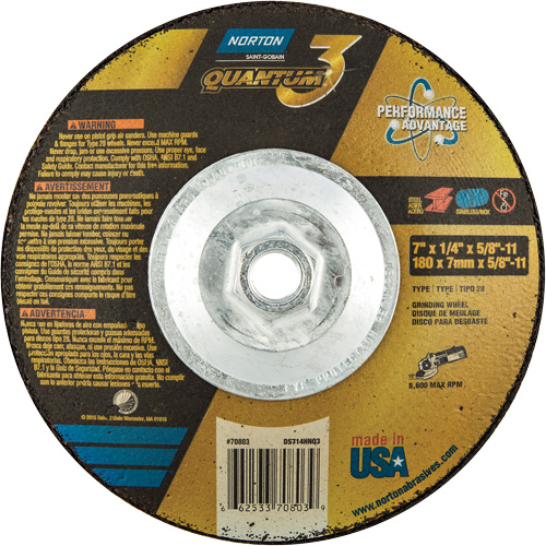Norton 66253370803 Quantum3 SG Saucer Wheel, 7" x 1/4", 5/8"-11 Arbor, Ceramic Alumina, Type 28