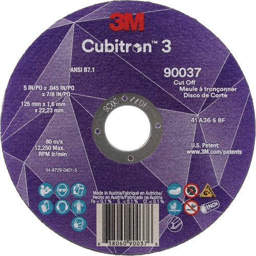 3M AB04007 Cubitron 3 Cut-Off Wheel, 5" x 0.045", 7/8" Arbor, Type 1, Ceramic, 12250 RPM