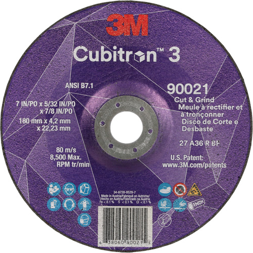 3M AB13206 Meule &agrave; couper & tronçonner Cubitron 3, 7" x 5/32", Arbre de 7/8", Type T27, Grain de 36+, C&eacute;ramique