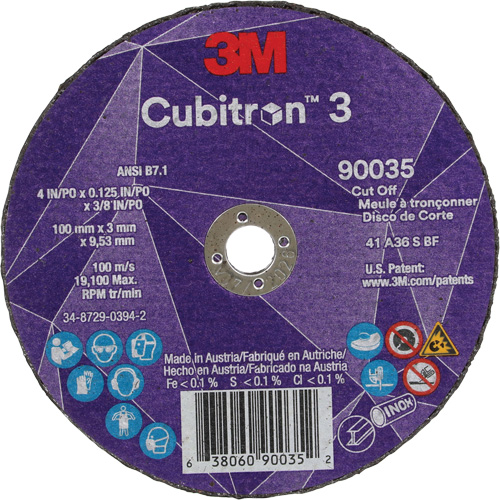 3M AB04005 Meule &agrave; tronçonner Cubitron 3, 4" x 1/8", Arbre de 3/8", Type T1, C&eacute;ramique, 21000 Tr/min