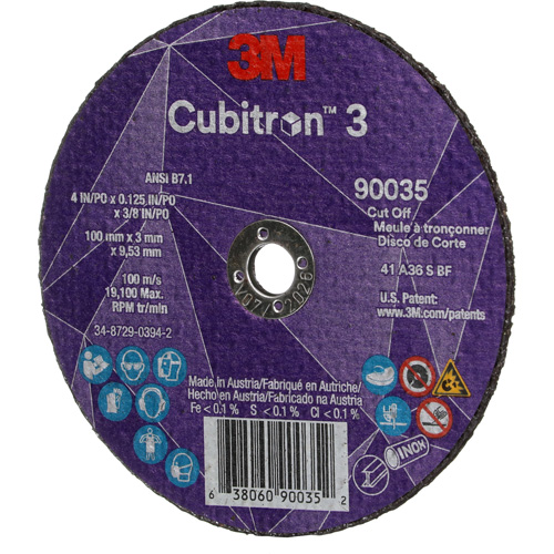 3M AB04005 Meule &agrave; tronçonner Cubitron 3, 4" x 1/8", Arbre de 3/8", Type T1, C&eacute;ramique, 21000 Tr/min