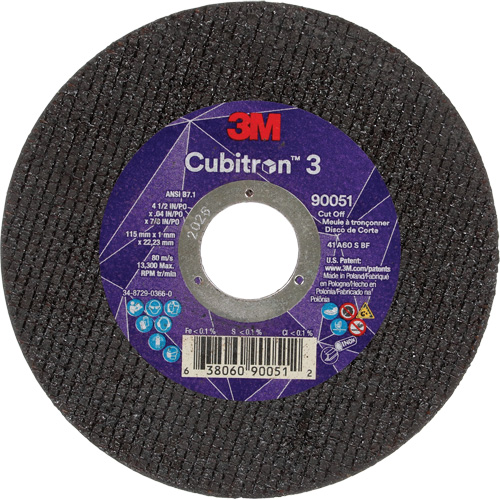 3M 7100304307 Cubitron 3 Cut-Off Wheel, 4-1/2" x 0.04", 7/8" Arbor, Type T1, Ceramic, 13300 RPM