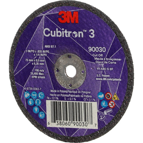 3M AB03860 Cubitron 3 Cut-Off Wheel, 3" x 0.035", 1/4" Arbor, Type T1, Ceramic, 21000 RPM