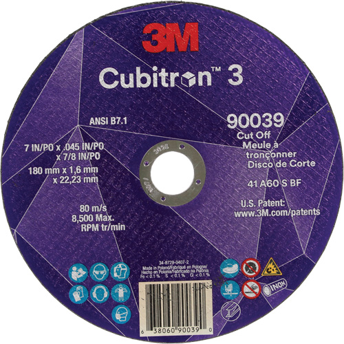 3M 7100313189 Cubitron 3 Cut-Off Wheel, 7" x 0.09", 7/8" Arbor, Type T27, Ceramic, 8500 RPM