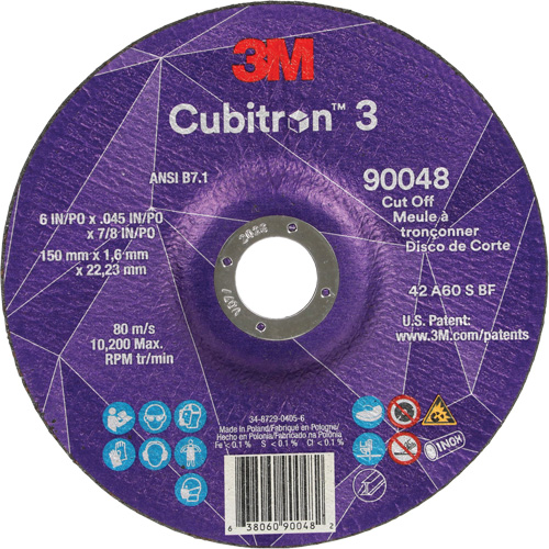3M AB13201 Meule &agrave; tronçonner Cubitron 3, 6" x 0,045", Arbre de 7/8", Type T27, C&eacute;ramique, 10 200 Tr/min