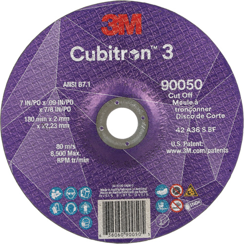 3M AB13191 Meule &agrave; tronçonner Cubitron 3, 7" x 0,09", Arbre de 7/8", Type T27, C&eacute;ramique, 8500 Tr/min