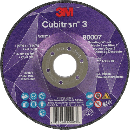 3M 7100303967 Cubitron 3 Depressed Centre Grinding Wheel, 5" x 1/4", 7/8" Arbor, Ceramic, Type T27