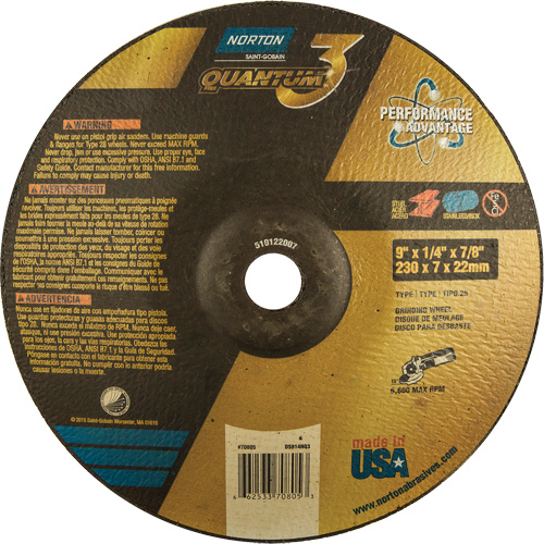 Norton 66253370805 Quantum 3 SG Depressed Center Grinding Wheel, 9" x 1/4", 7/8" Arbor, Type 28, Ceramic, 6600 RPM