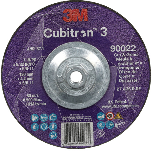 3M AB13551 Meule &agrave; rectifier et &agrave; tronçonner Cubitron 3, 7" x 5/32", Arbre de 5/8"-11, Type 27, Grain de 36, C&eacute;ramique