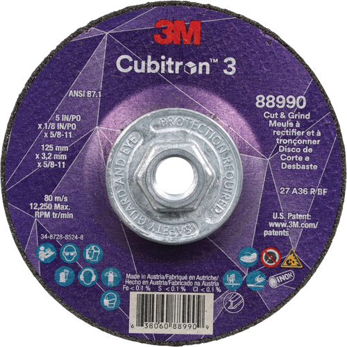 3M AB13204 Cubitron 3 Cut and Grind Wheel, 5" x 1/8", 5/8"-11 Arbor, Type 27, 36 Grit, Ceramic