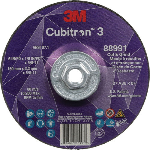 3M AB13205 Cubitron 3 Cut and Grind Wheel, 6" x 1/8", 5/8"-11 Arbor, Type 27, 36 Grit, Ceramic