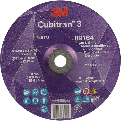 3M AB13759 Cubitron 3 Cut and Grind Wheel, 9" x 1/8", 7/8" Arbor, Type 27, 36 Grit, Ceramic