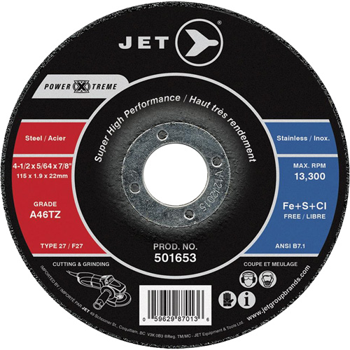 JET 501653 Power-Xtreme A46PX-DUO Cutting & Light Grinding Wheel, 4-1/2" x 5/64", 7/8" Arbor, Type 27, 13300 RPM