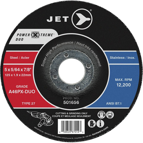 JET 501656 Meule pour coupe & meulage l&eacute;ger Power-Xtreme A46PX-DUO, 5" x 5/64", Arbre de 7/8", Type 27, 12 200 Tr/min